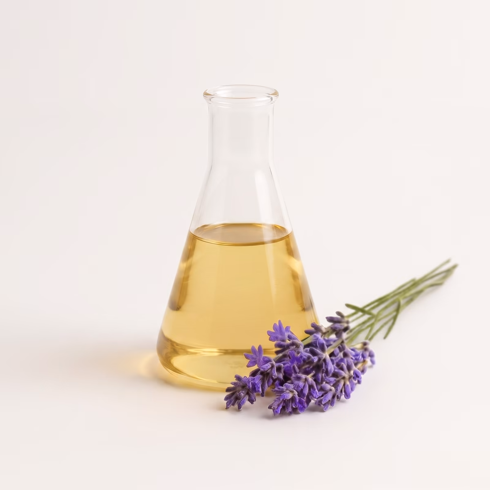 Lavender essential oil in a laboratory flask with fresh lavender flowers